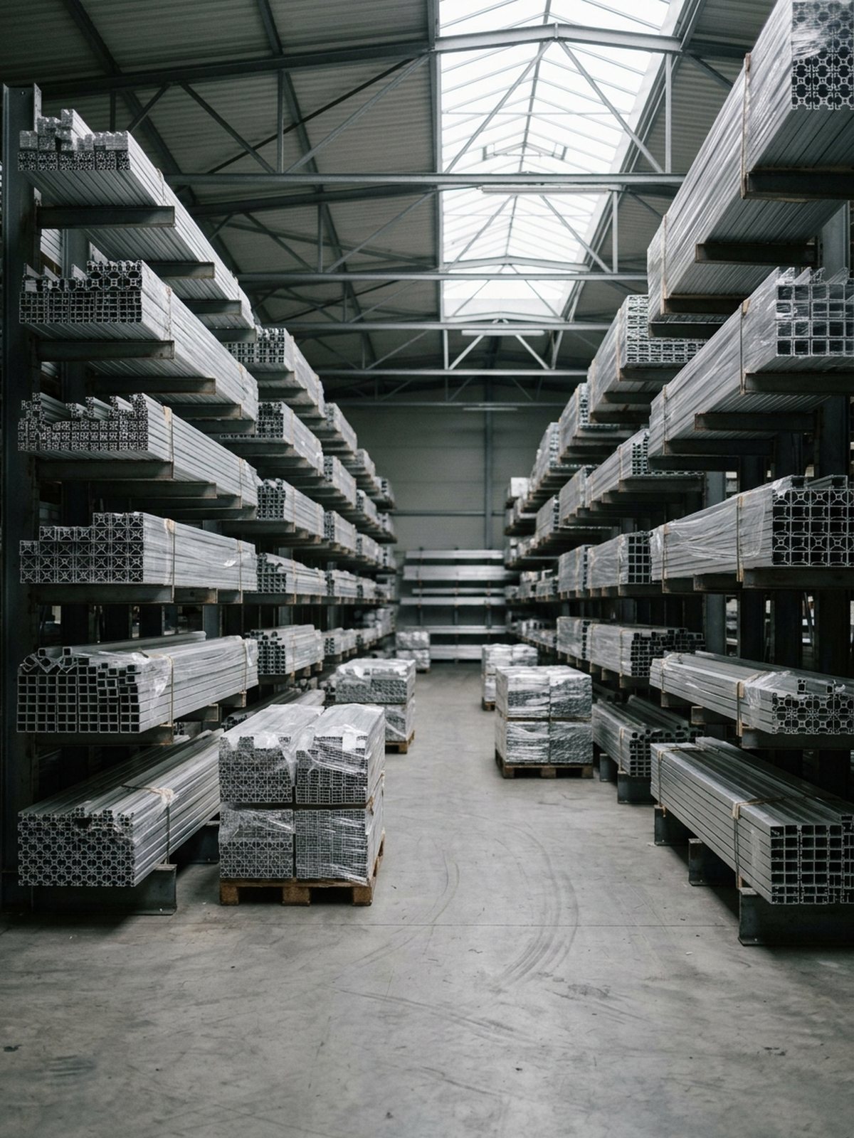 Platzhalter: Volles Lager mit verpackten Aluminium-Profilen